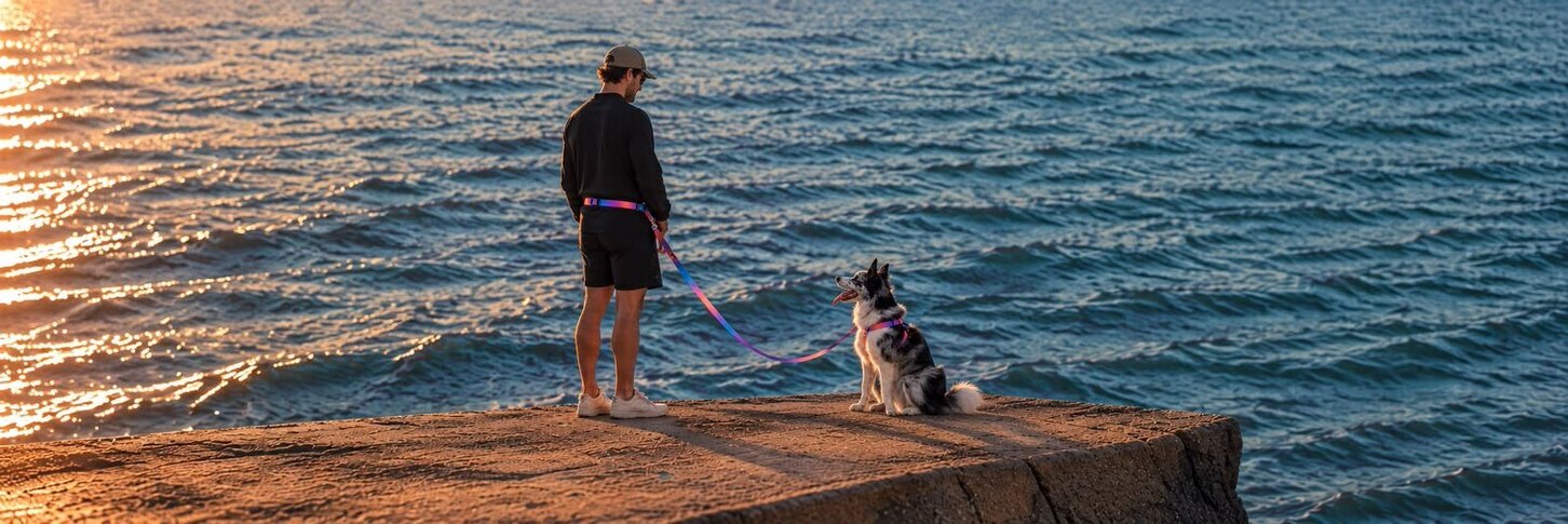 Tutor passeando com o cachorro de guia Animal Zen